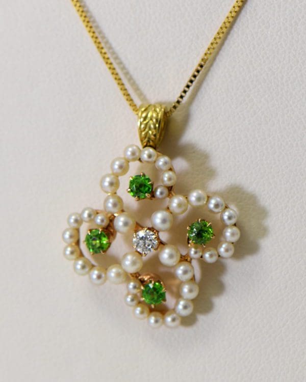 edwardian clover pendant with demantoid garnet diamond and pearls pin conversion 2.JPG