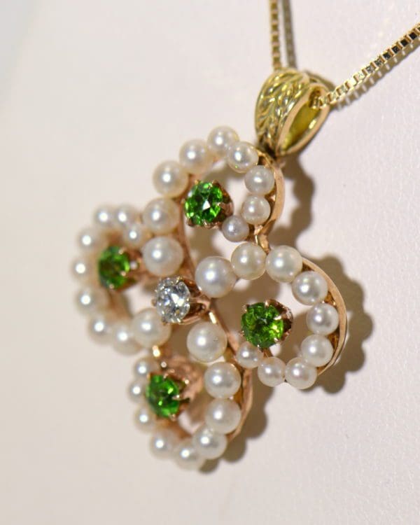edwardian clover pendant with demantoid garnet diamond and pearls pin conversion 4.JPG