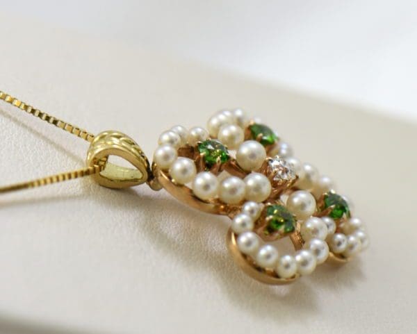 edwardian clover pendant with demantoid garnet diamond and pearls pin conversion 6.JPG