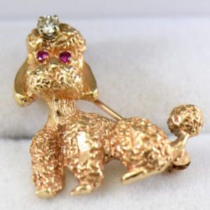 mid century gold toy poodle brooch with ruby and diamonds 2.JPG