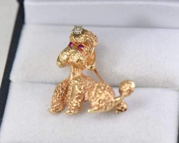 mid century gold toy poodle brooch with ruby and diamonds 4.JPG