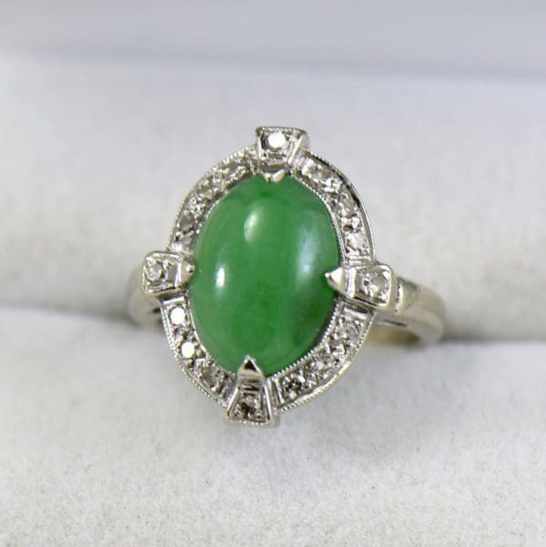 mid century green jade ring with diamond halo in white gold.JPG