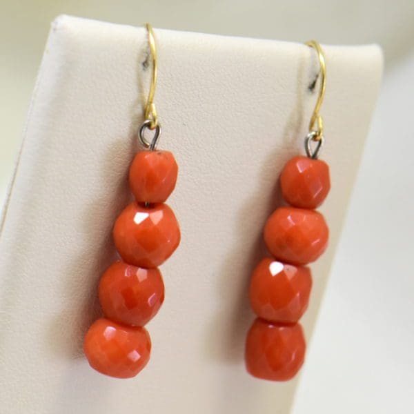 mid century red coral and gold beaded necklace and earring set 2.JPG