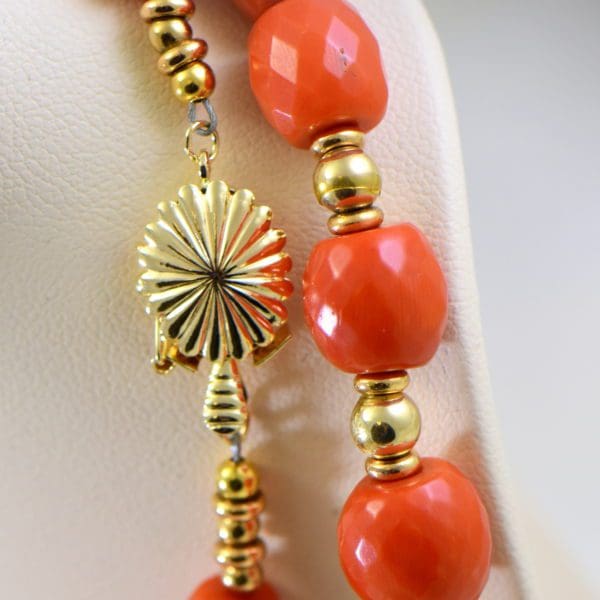 mid century red coral and gold beaded necklace and earring set 3.JPG