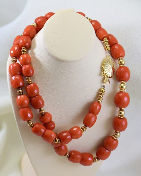 mid century red coral and gold beaded necklace and earring set 4.JPG