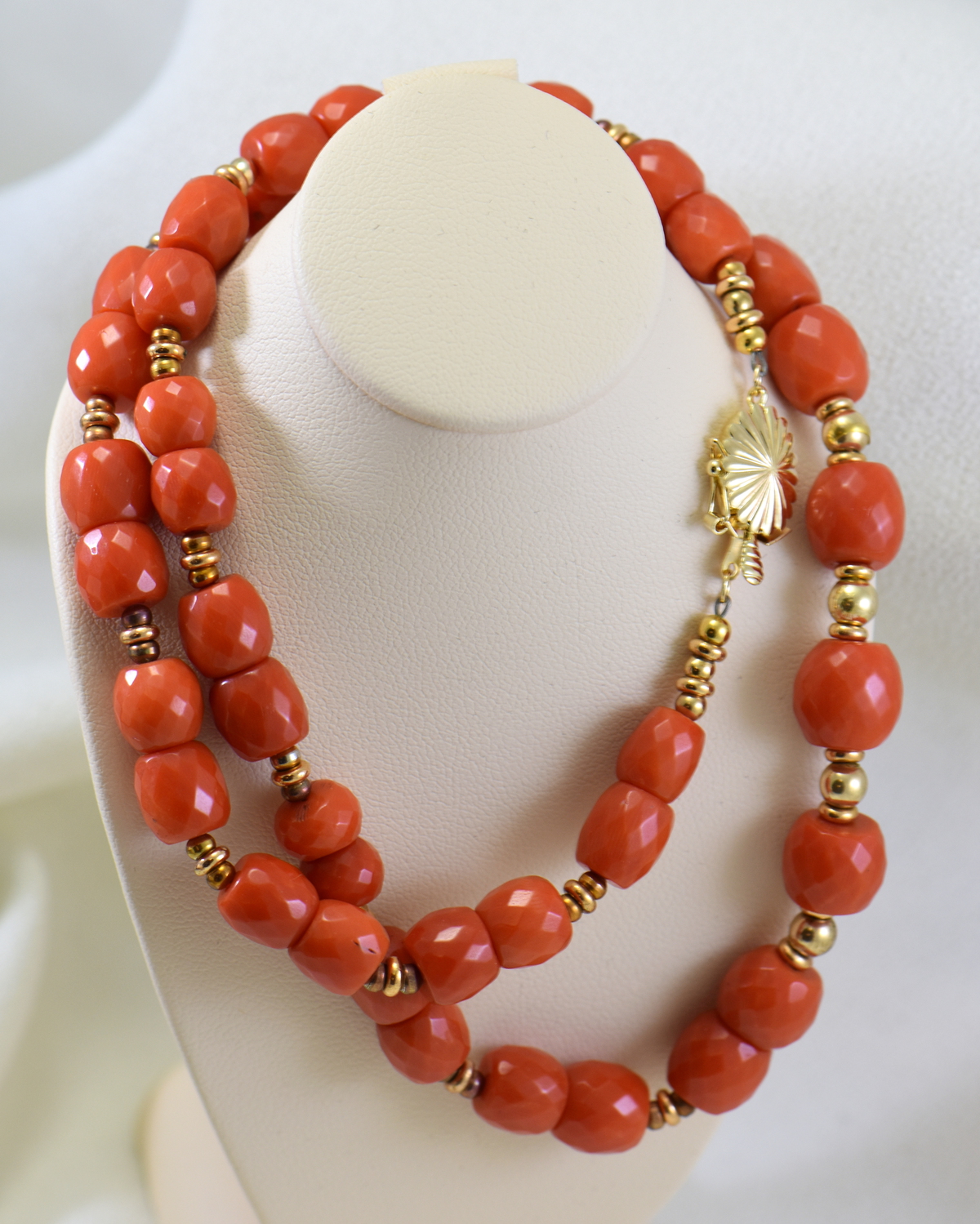 Mid Century Red Coral Bead Necklace and Earring Set