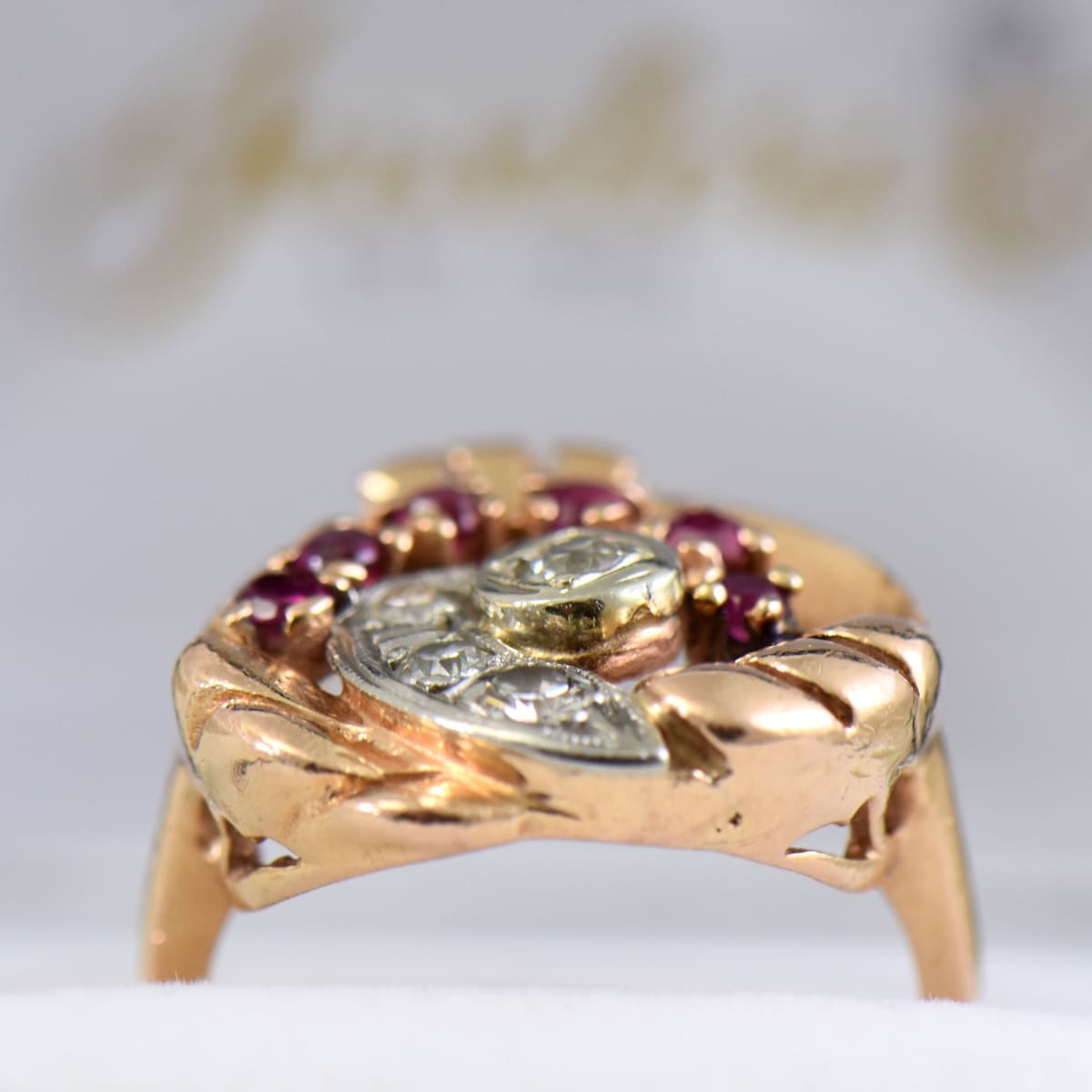 Retro 1940 s Diamond Synthetic Ruby Ring in Rose Gold