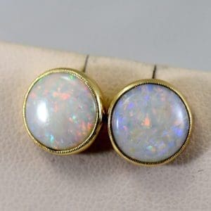 vintage australian opal stud earrings in milgrained yellow gold bezels 1a.JPG