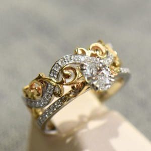 Custom Floral Scroll Twotone Gold Wedding Set with Oval Diamond