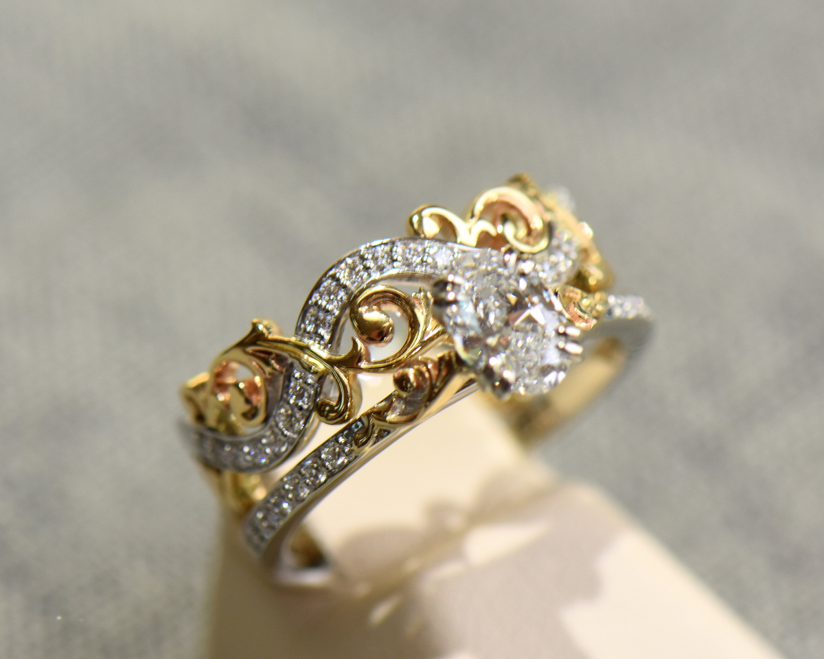Custom Floral Scroll Twotone Gold Wedding Set with Oval Diamond 5.JPG