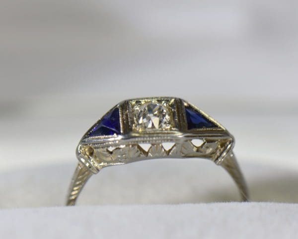 art deco old mine cut diamond ring with triangle sapphire accents 2.JPG
