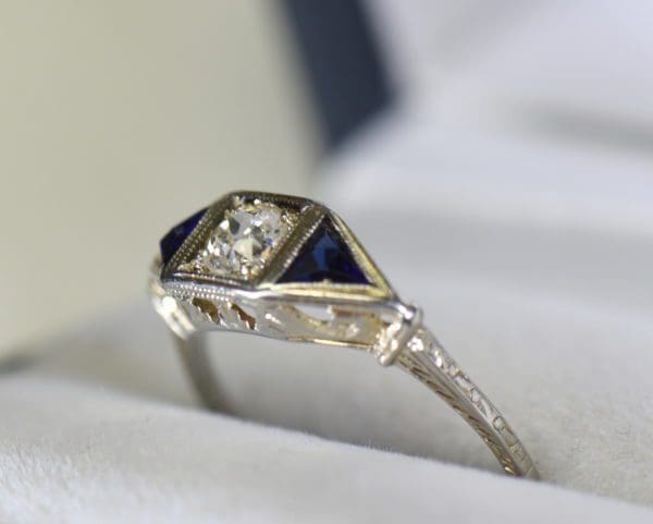 art deco old mine cut diamond ring with triangle sapphire accents 3.JPG