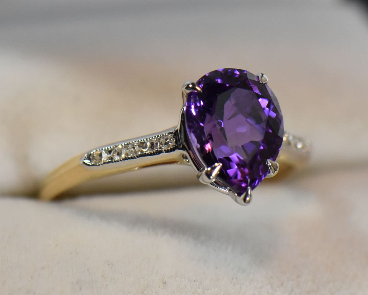 Antique Pear Shape Amethyst Diamond Engagement Ring Exquisite
