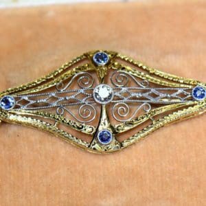 edwardian sapphire and diamond brooch in platinum and gold filigree.JPG