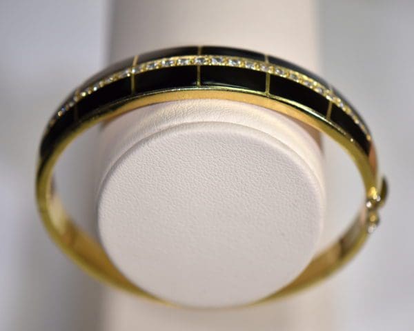 estate solid gold cuff bracelet with diamonds and black enamel 2.JPG