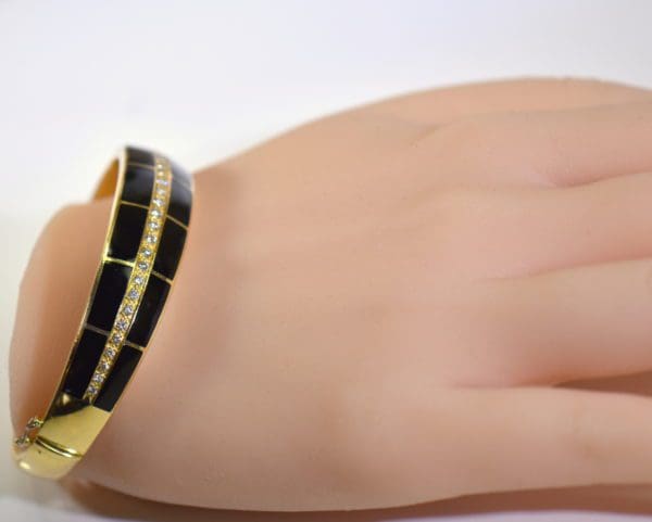 estate solid gold cuff bracelet with diamonds and black enamel 3.JPG