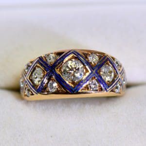 victorian gold diamond ring with blue enamel accents.JPG