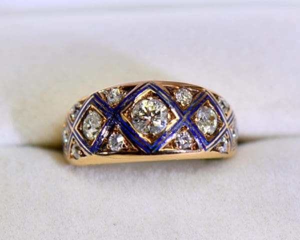 victorian gold diamond ring with blue enamel accents.JPG