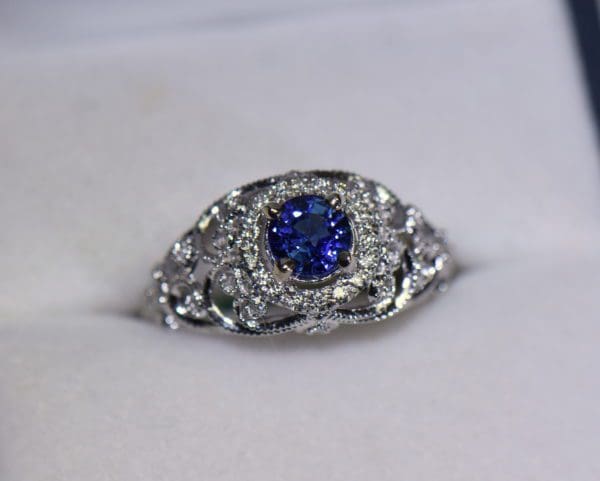 vintage inspired filigree dome ring with round blue sapphire and diamond halo 2.JPG