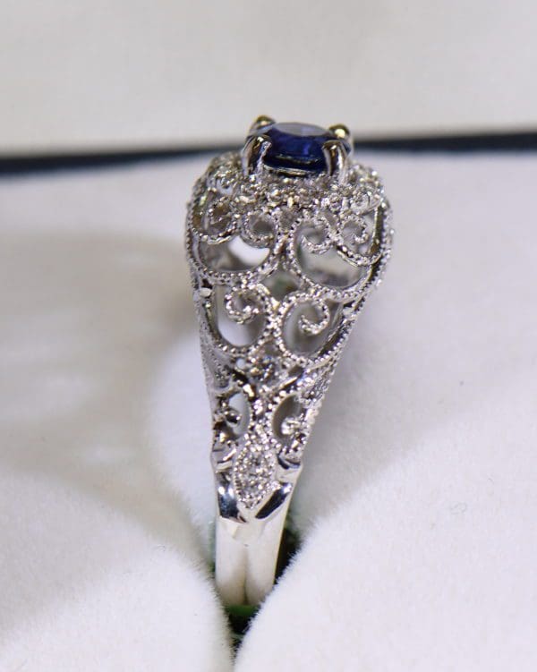 vintage inspired filigree dome ring with round blue sapphire and diamond halo 5.JPG