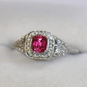 vintage style jedi spinel filigree enagement ring neon pink red cushion.JPG