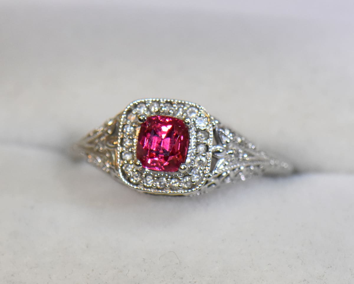 vintage style jedi spinel filigree enagement ring neon pink red cushion.JPG