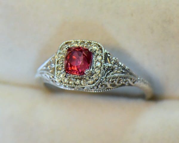 vintage style jedi spinel filigree enagement ring neon pink red cushion 5.JPG