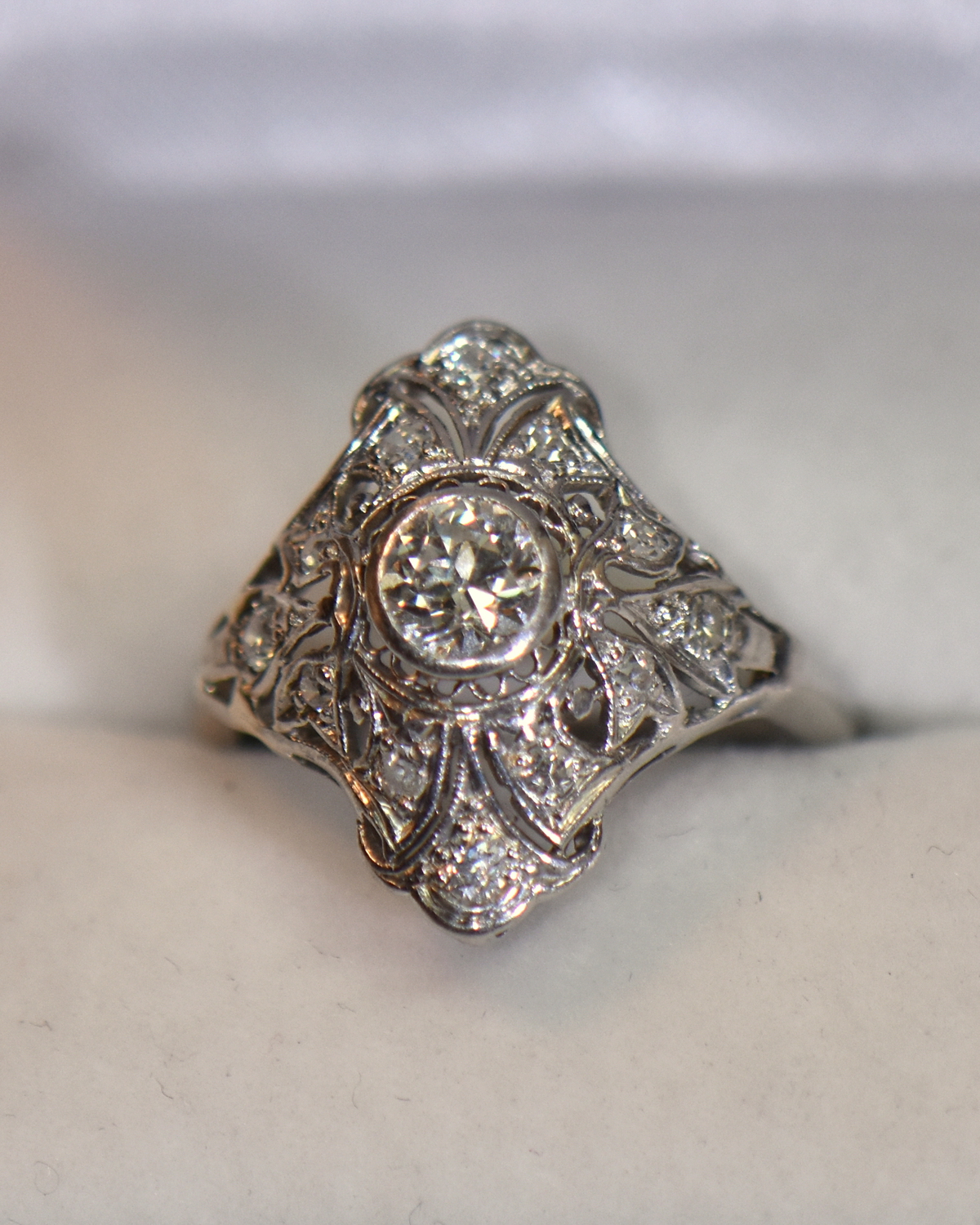 The Larkspur: Antique Filigree Ring set with Diamonds