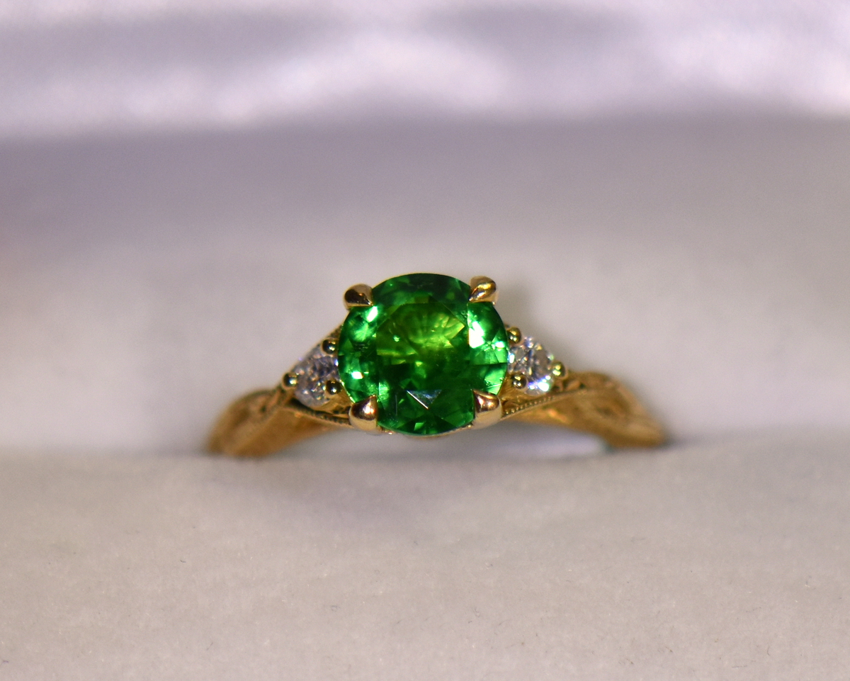 French Modern Art Deco Style Tsavorite Garnet Diamonds Platinum Ring Size 5  | Chairish
