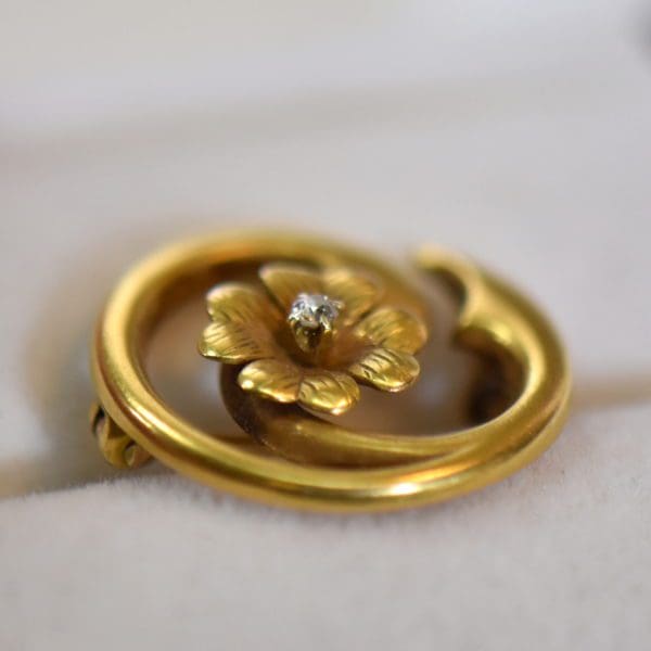 art nouveau gold diamond flower swirl brooch 3.JPG