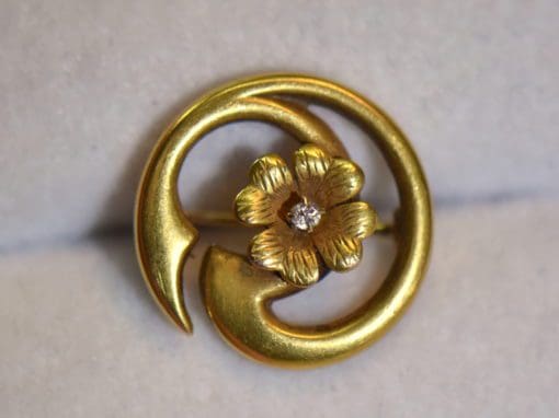 art nouveau gold diamond flower swirl brooch 4.JPG