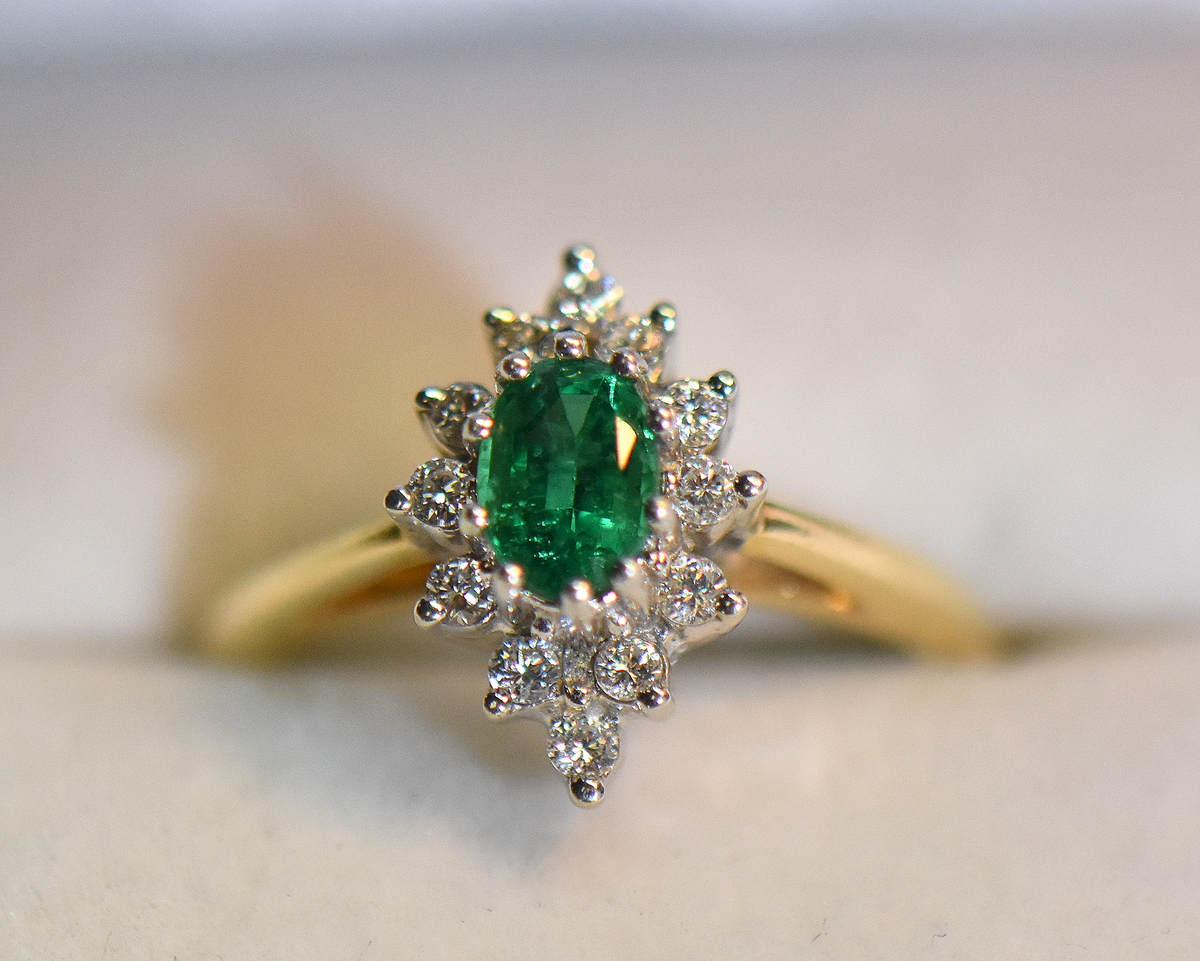 New-Old-Stock Emerald & Diamond Navette Ring | FW Custom Jewelers