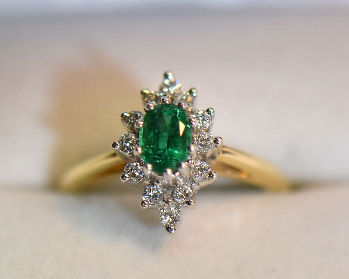 New-Old-Stock Emerald & Diamond Navette Ring | FW Custom Jewelers