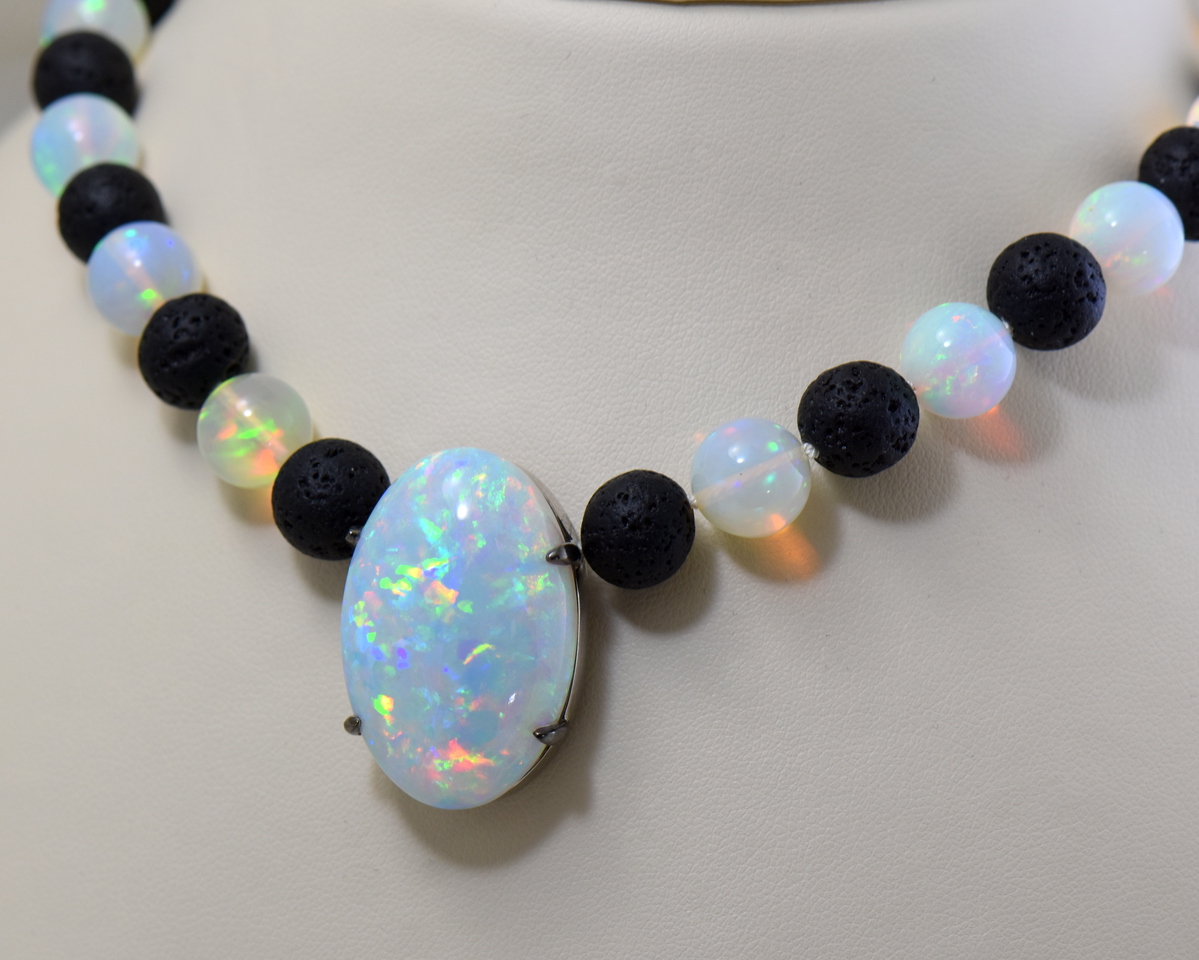 Ethiopian Opal Necklace in 14 Karat Yellow Gold Ethiopian Opal and .08  Carat Diamond Celestial 16 inch Necklace