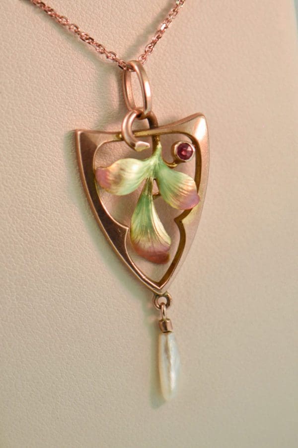 art nouveau leaf pendant enamel ruby and pearl lavalie rose gold