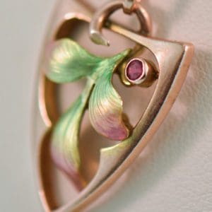 art nouveau leaf pendant enamel ruby and pearl lavalie rose gold 3