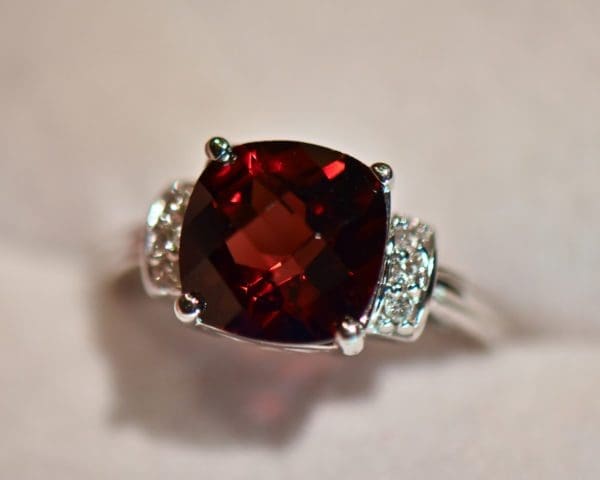 checkerboard cut red garnet ring white gold 5