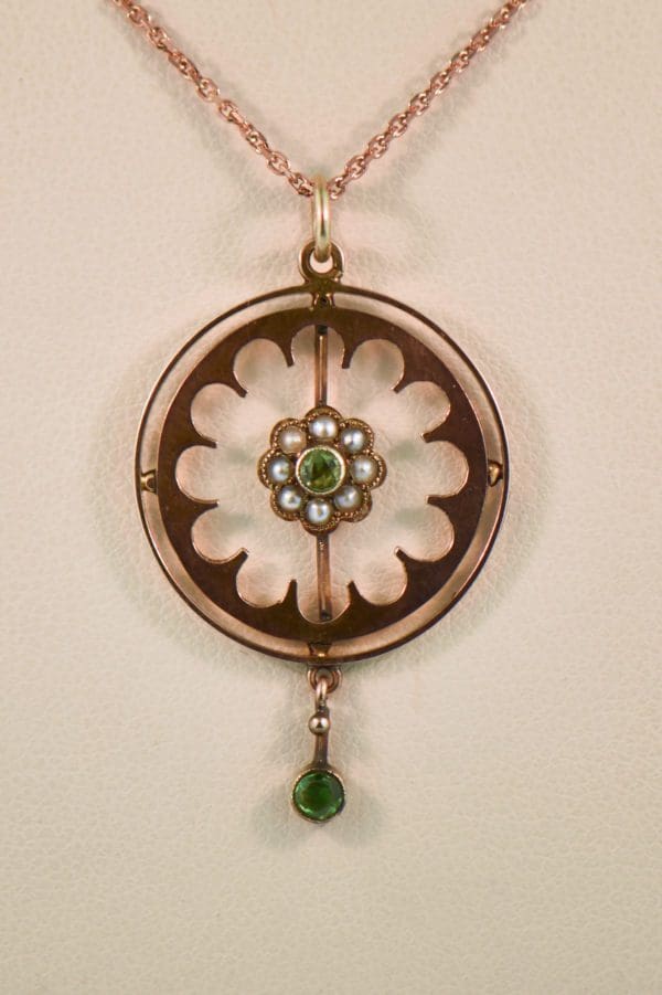 edwardian steampunk rose gold lavalier pendant with demantoid garnets
