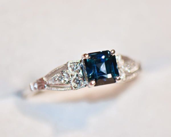 emerald cut teal sapphire bicolor engagement ring 2