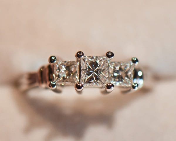 platinum three stone ring with princess cut diamonds 6