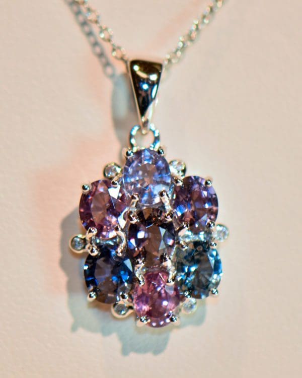 purple blue pink multicolor spinel cluster pendant in white gold 4