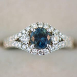 round teal sapphire and diamond engagement ring white gold 2