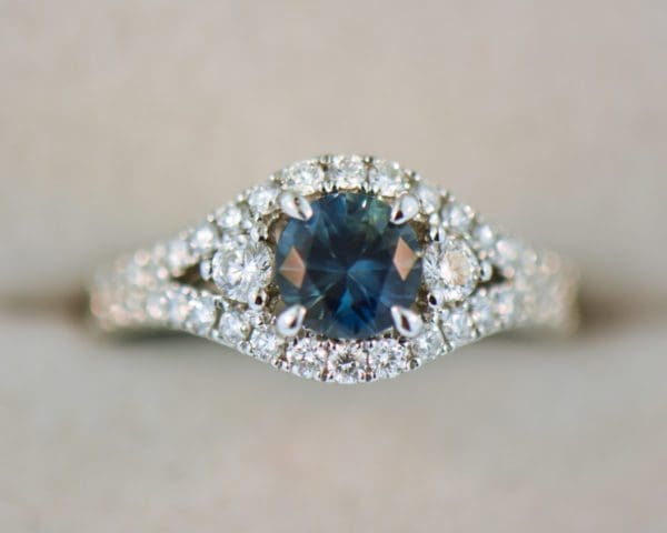 round teal sapphire and diamond engagement ring white gold 2