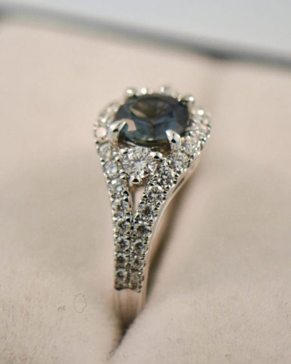 round teal sapphire and diamond engagement ring white gold 4