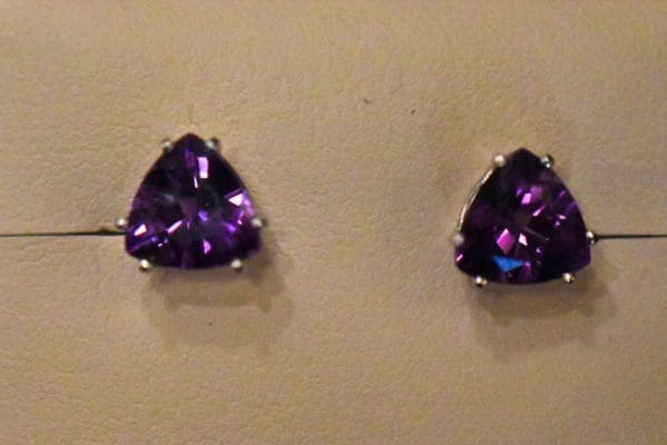trillion amethyst stud earrings white gold