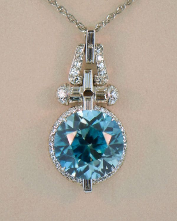 amazing 15ct round blue zircon and diamond platinum pendant