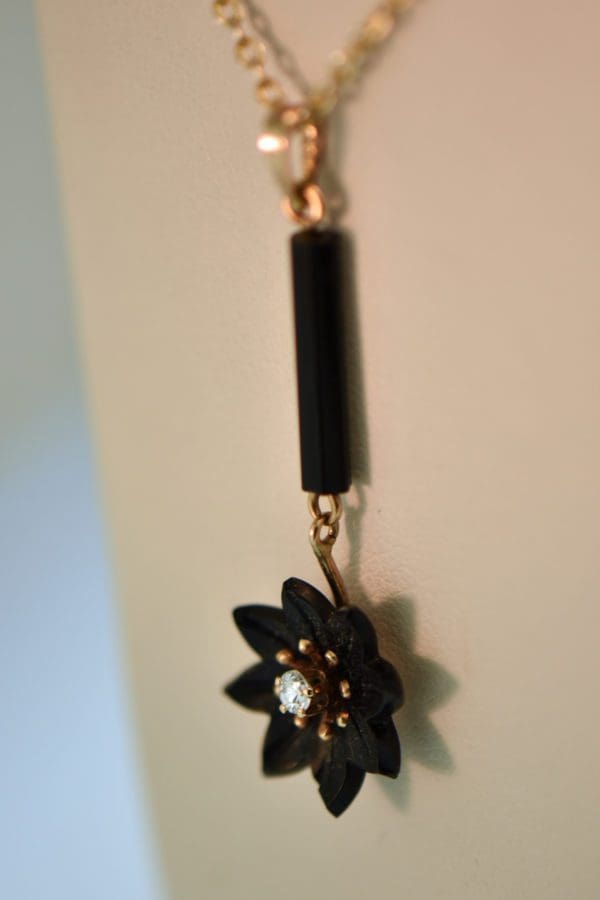 antique carved black onyx and diamond daisy flower pendant 2