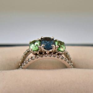 custom three stone ring with blue spinel and mint tourmalines