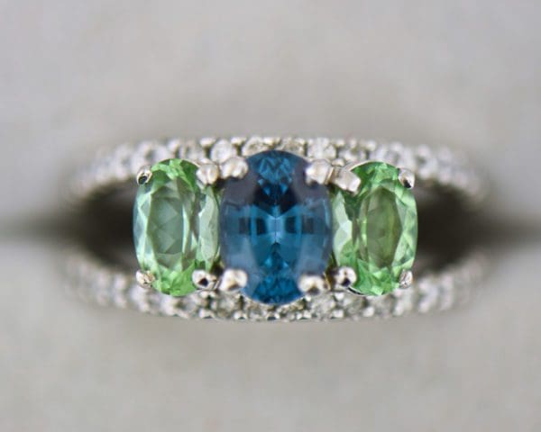 custom three stone ring with blue spinel and mint tourmalines 2