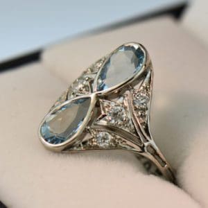 edwardian double pear shape aquamarine ring in platinum
